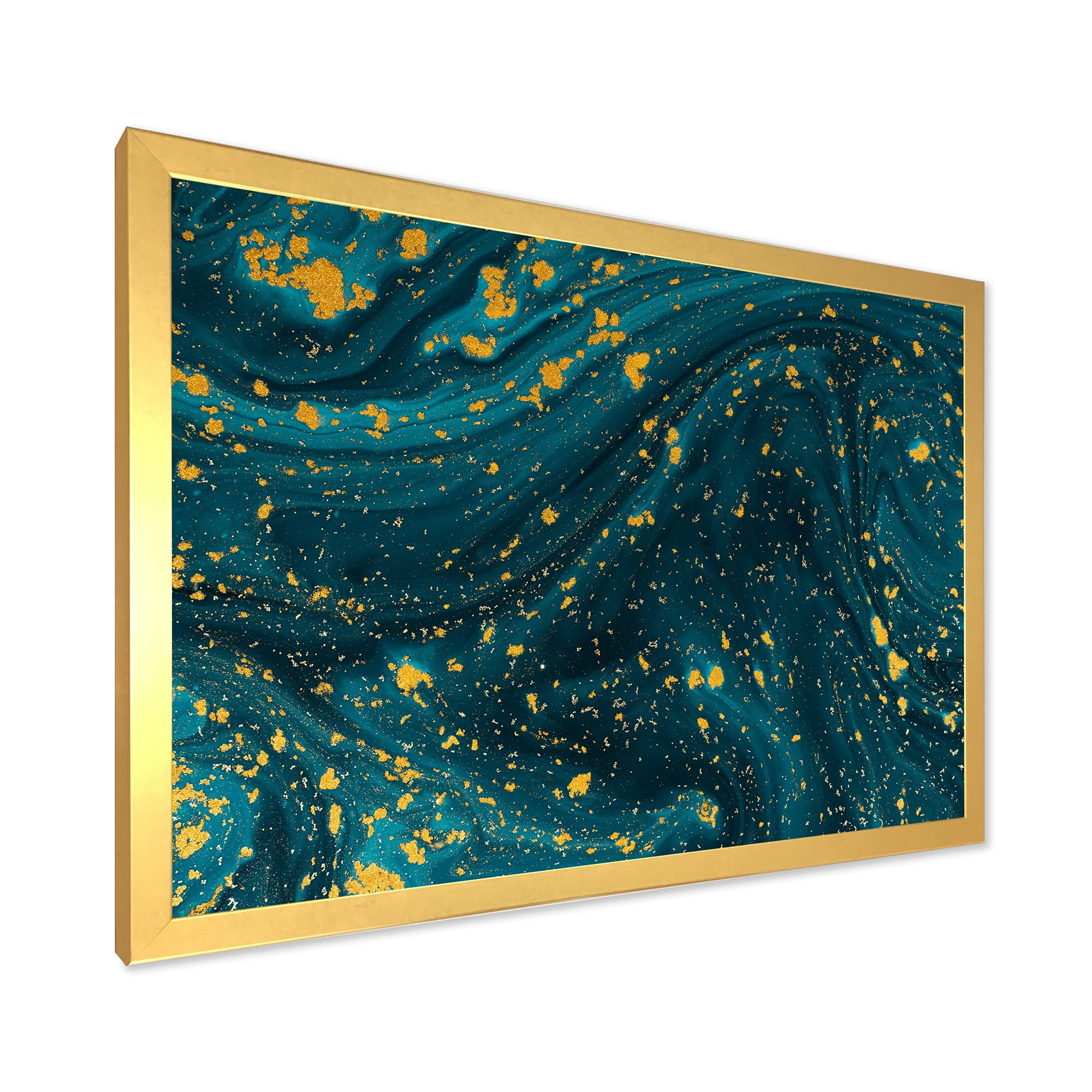 Designart 'Golden Glitter With Dark Blue Marble' Modern Framed Art Print