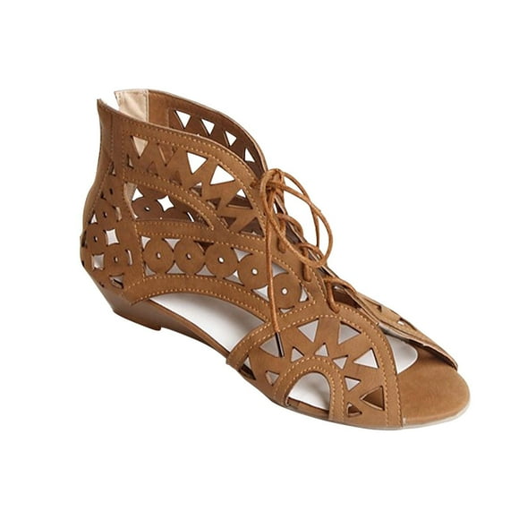 hopeusnice Clearance Women's Lace Up Cutout Sandals Summer Open Toe Wedge Platform Shoes Breathable Ankle Strap Beach Sandals Brown 43
