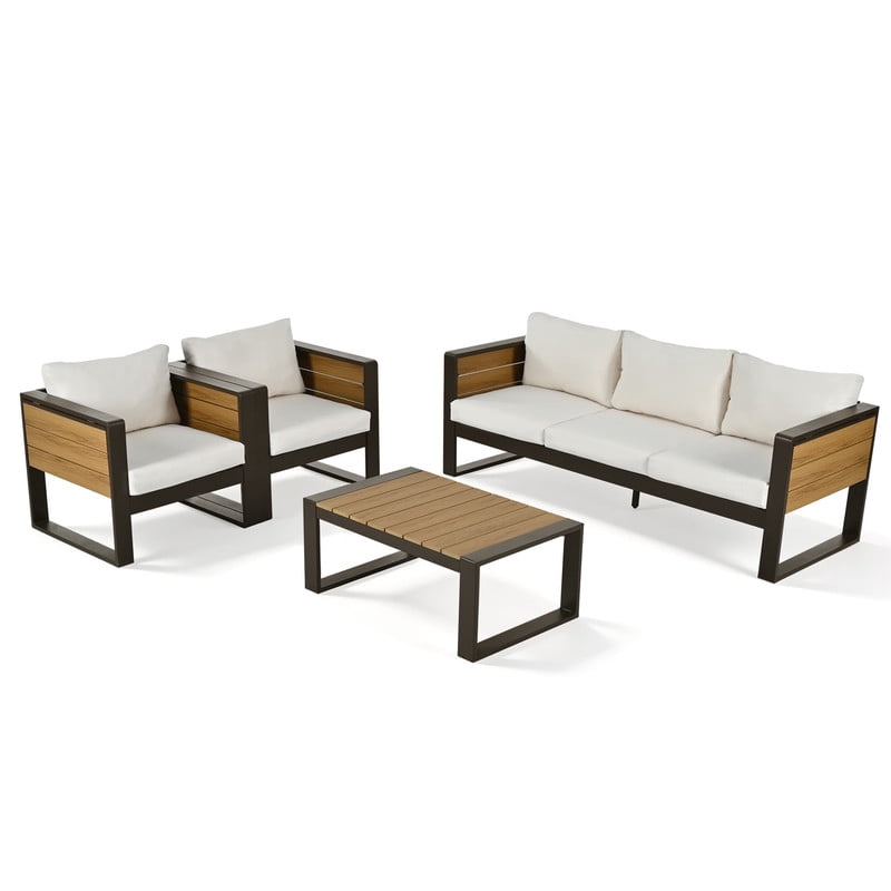 4-Piece Aluminum Outdoor Patio Furniture Set, 5-Person Outdoor Sectional Sofa Set, 3-Seater Sofa, 2 Armchairs with Fold-Out Side Tables
