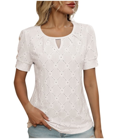 Cmfcve Women's Summer Shirt Short Sleeve Round Neck Daily Commuter Tops Stretchy Casual Gauze Shirts