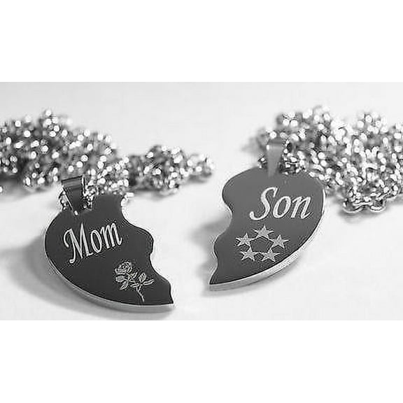 SPLIT HEART NECKLACES MOM SON SILVER STAINLESS STEEL THICK HEAVY PENDANTS