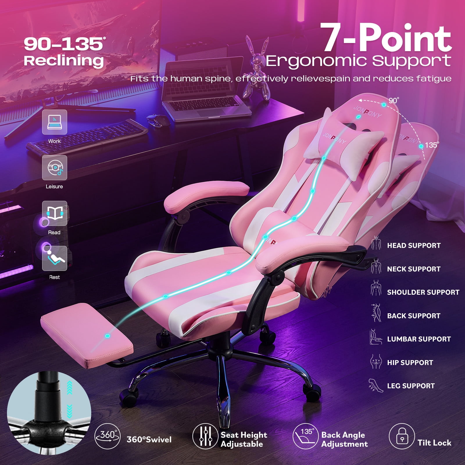 JONPONY Big and Tall Gaming Chair, Ergonomic Design, Gamer Chair PU Leather with Footrest and Lumbar Support, High Back Office Chair Support 8 Hours Long Sitting, Computer Chair,Pink White