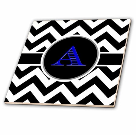 3dRose, Black and white chevron monogram blue initial A, 4 Inch Ceramic Tile