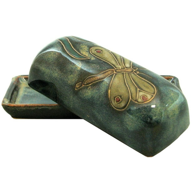 Mara Stoneware Collectible Butter Dish with Lid, Mexican Pottery, Blue with Dragonfly Design