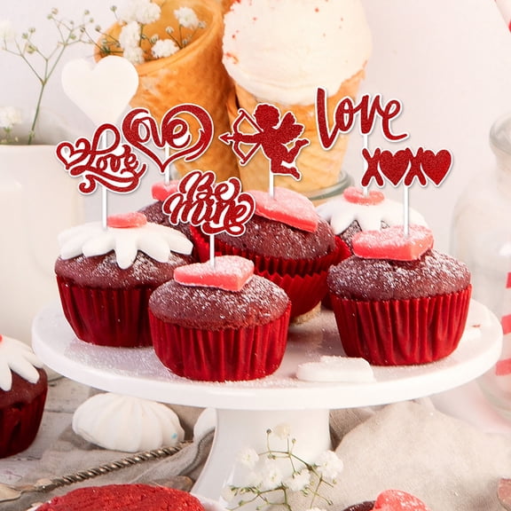 JHEHF Happy Valentine'S Day Red Glitter Cupcake Toppers Heart Love Cupcake Picks for Cake Decorations Valentine'S Wedding Engagement Party Holiday Supplies 12 Pack