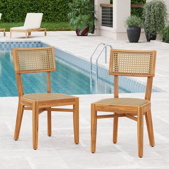 YINGYUE Set of 2 Outdoor Acacia Wood Dining Chairs, Teak Frame with Light Brown Woven Wicker for Patio Garden