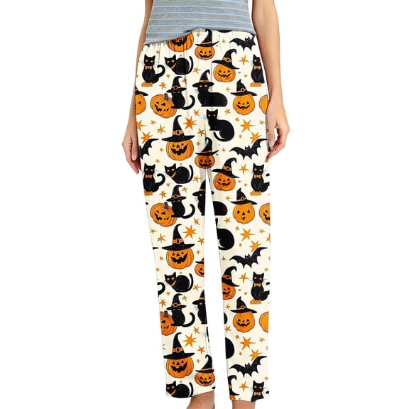 FAHXNVB Plus Size Halloween Pajama Pants for Women Pumpkin Ghost Spooky Pattern Sleep Pants Elastic Waist Loungewear Pants S-5XL