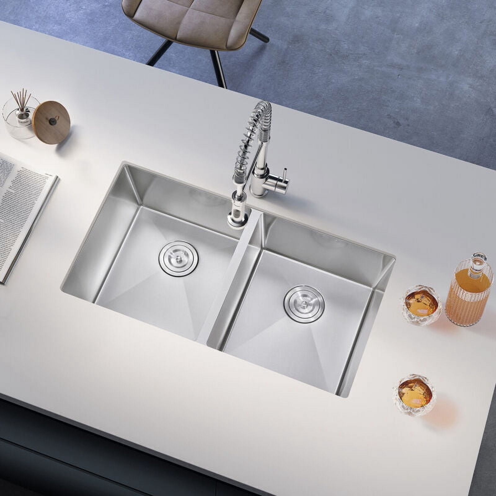 32 in Sunken Kitchen Sink, Double Bowl Sink, Kitchen Double Bowl Sink Basin Under The Table 304 Stainless Steel