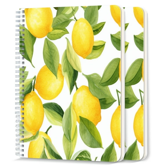 Spiral Notebook,College Ruled Journal,8.26" x 5.71" 50 Sheets/100 Pages,2 Pack - Lemon-Themed Watercolor Pattern on White Background