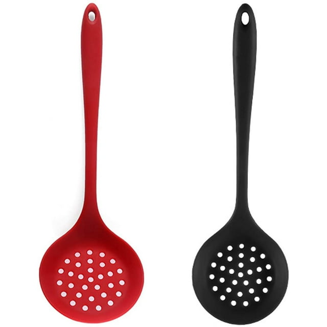 Silicone Skimmer Spoon Set 2, Non-Stick Cooking Slotted Colander Spoon Skimmer Strainer, Kitchen Sink Ladle Strainer Silicone Filter Spoon with Long Handle,Red and Black