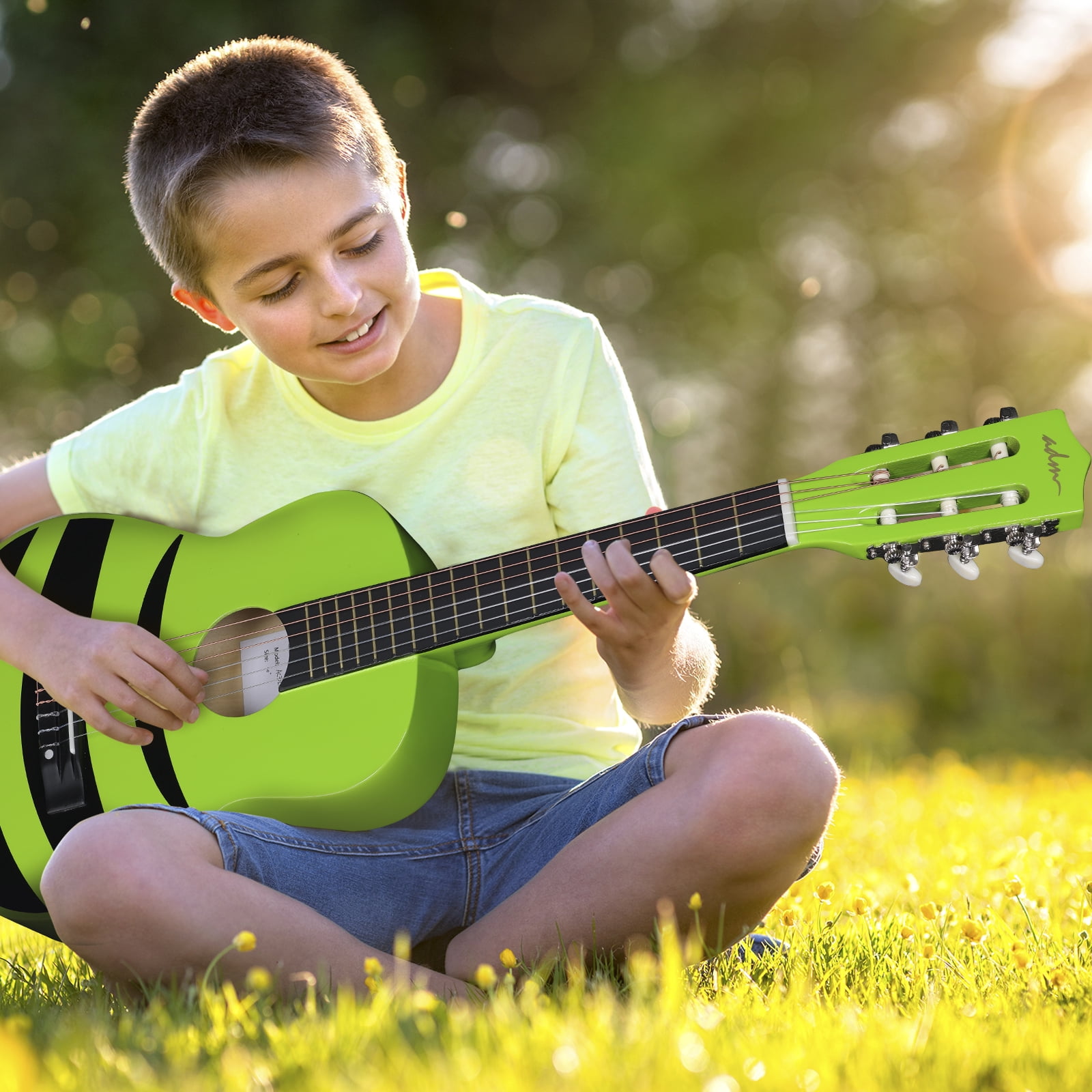 ADM 1/4 Kids Classical Guitar Kit, 30" Junior Guitar Set for Beginnners with Gig Bag, Clip on Tuner, Strap, Picks, Extra Strings, Storage Bag and Cleaning Cloth (Green Honey Bee)