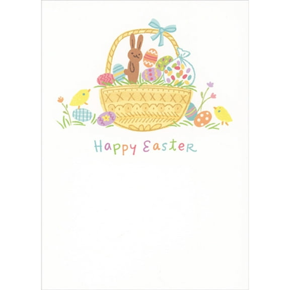 RSVP Light Brown Basket with Blue Ribbon, Chocolate Bunny, Eggs, Jelly Beans and Chicks Easter Card