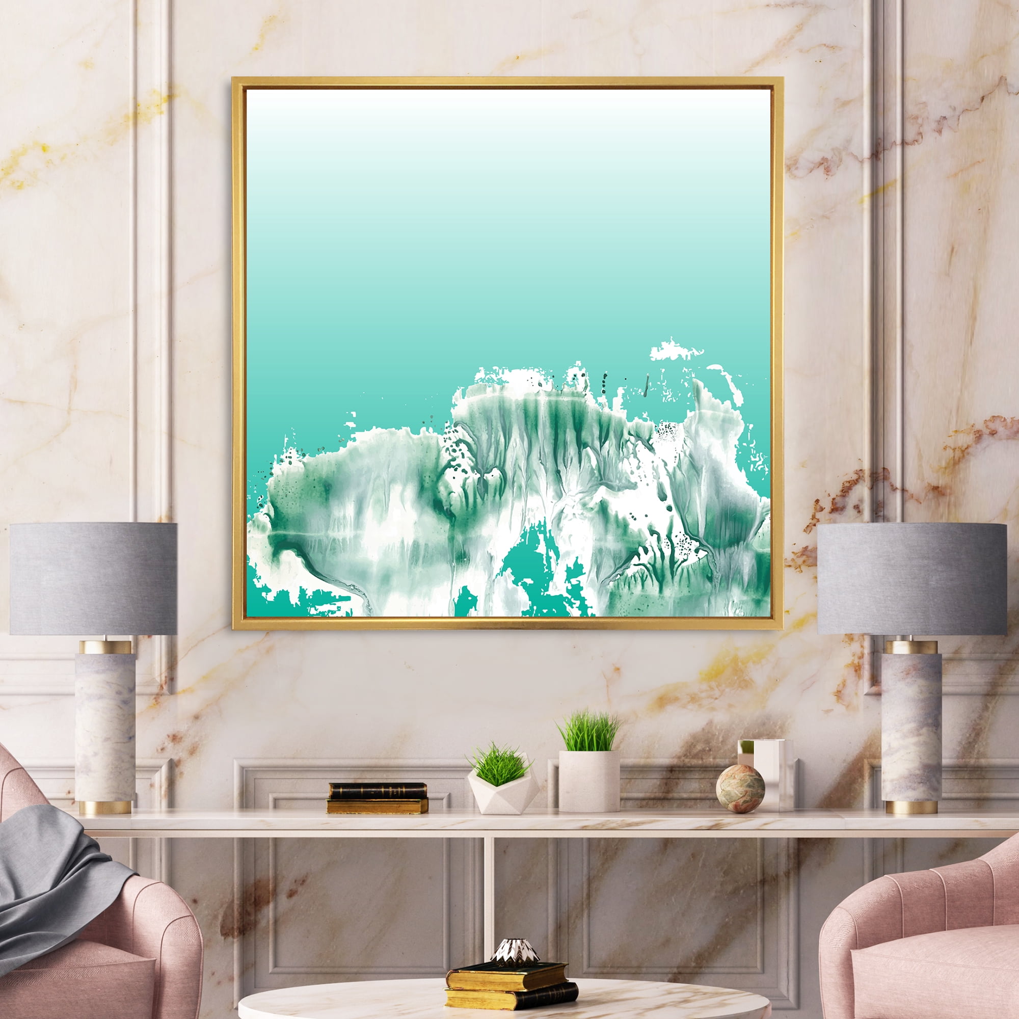 Aquamarine Landscape Turquoise Splashes 36 in x 36 in Framed Painting Canvas Art Print, by Designart