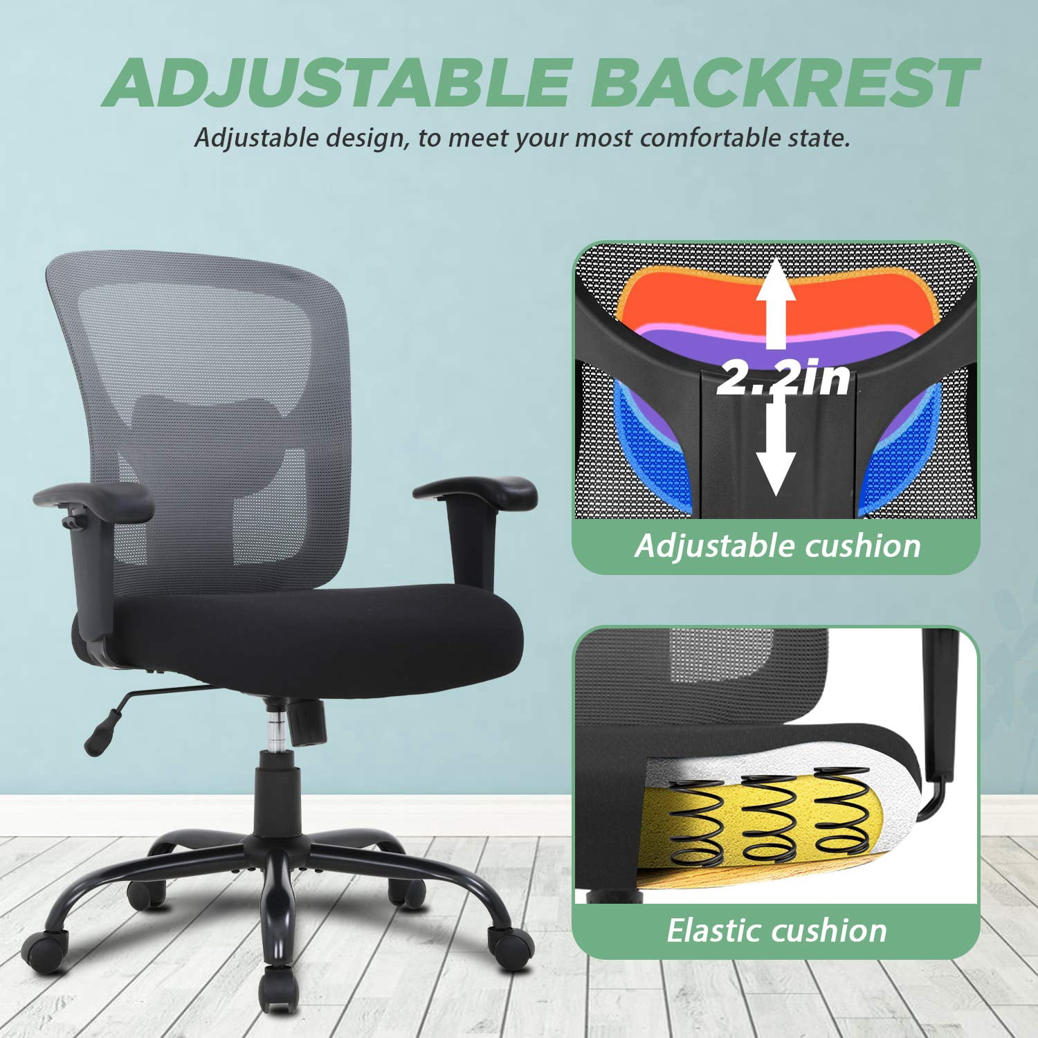 BORGEBY Big and Tall Office Chair Heavy Duty 400LBS Computer Desk Chair with Lumbar Support Ergonomic High Back Task Rolling Swivel Mesh Chair for adult,Grey