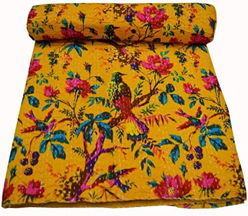 Indian Kantha Quilt Bedspread Bedding Throw Cotton Blanket Blue Bird Print Gudri 