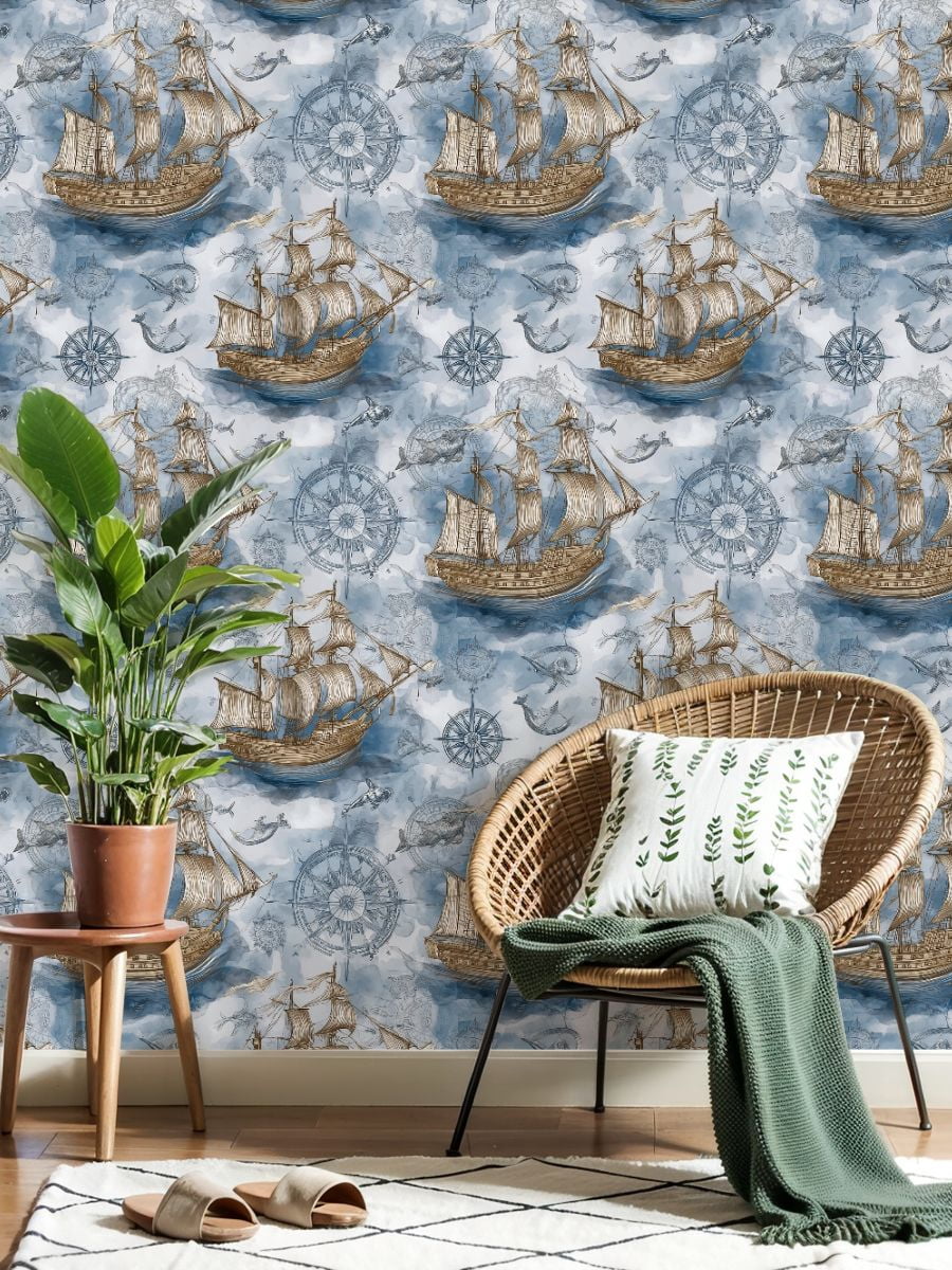 Peel and Stick Wallpaper Sailing Ships Nautical Map Vintage Compass Ocean Wall Mural 17.7in x 9.8ft Self Adhesive Removable Wall Paper Renter Friendly Wallpaper for Bedroom Livingroom Office Studio