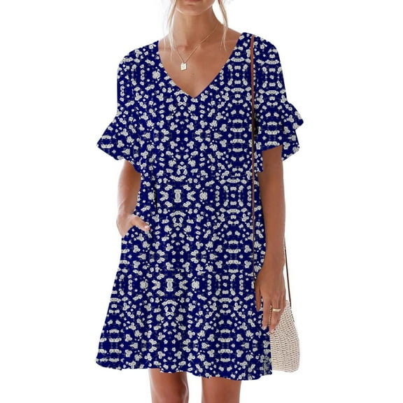 Summer Fashion Mini Dresses for Womens 2025 Plus Size Casual Dress Sweet Cute V-Neck Dress Pocket Printed Short Sleevele Ruffle Dress