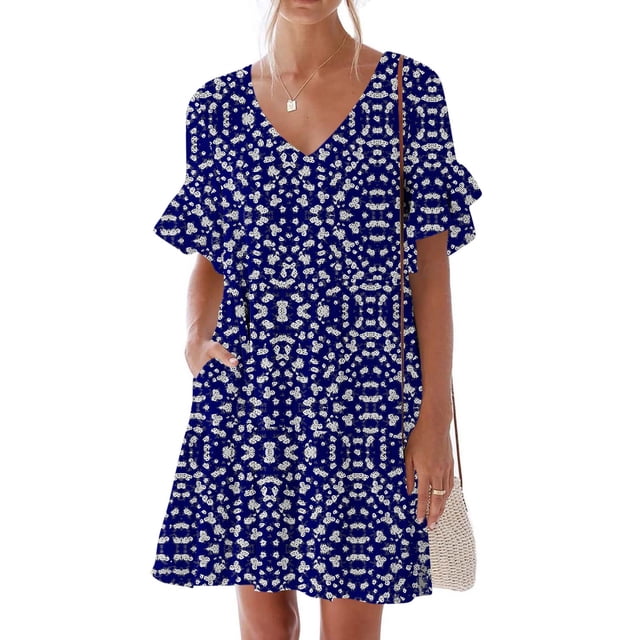 Liquidation d'Été 2025! Robe Grande Taille pour Femmes, Liquidation de Robe d'Été pour Femmes, Robe Décontractée d'Été pour Femmes Douce Mignonne Robe à Col en V avec Poches Imprimée Manches Courtes à Volants