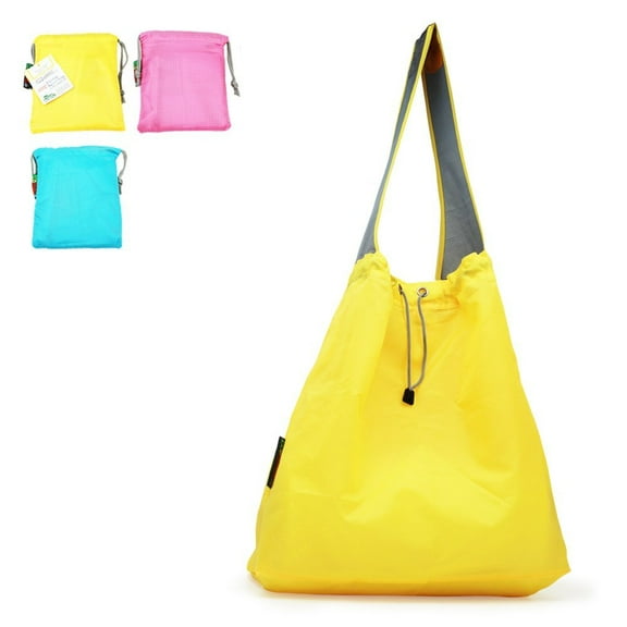 EcoJeannie® 3 Pack NEW Ripstop Nylon Foldable Daw-String Reusable Shopping Bag With Built-In Pouch and Reinforced Handle, Yellow & Pink & Blue