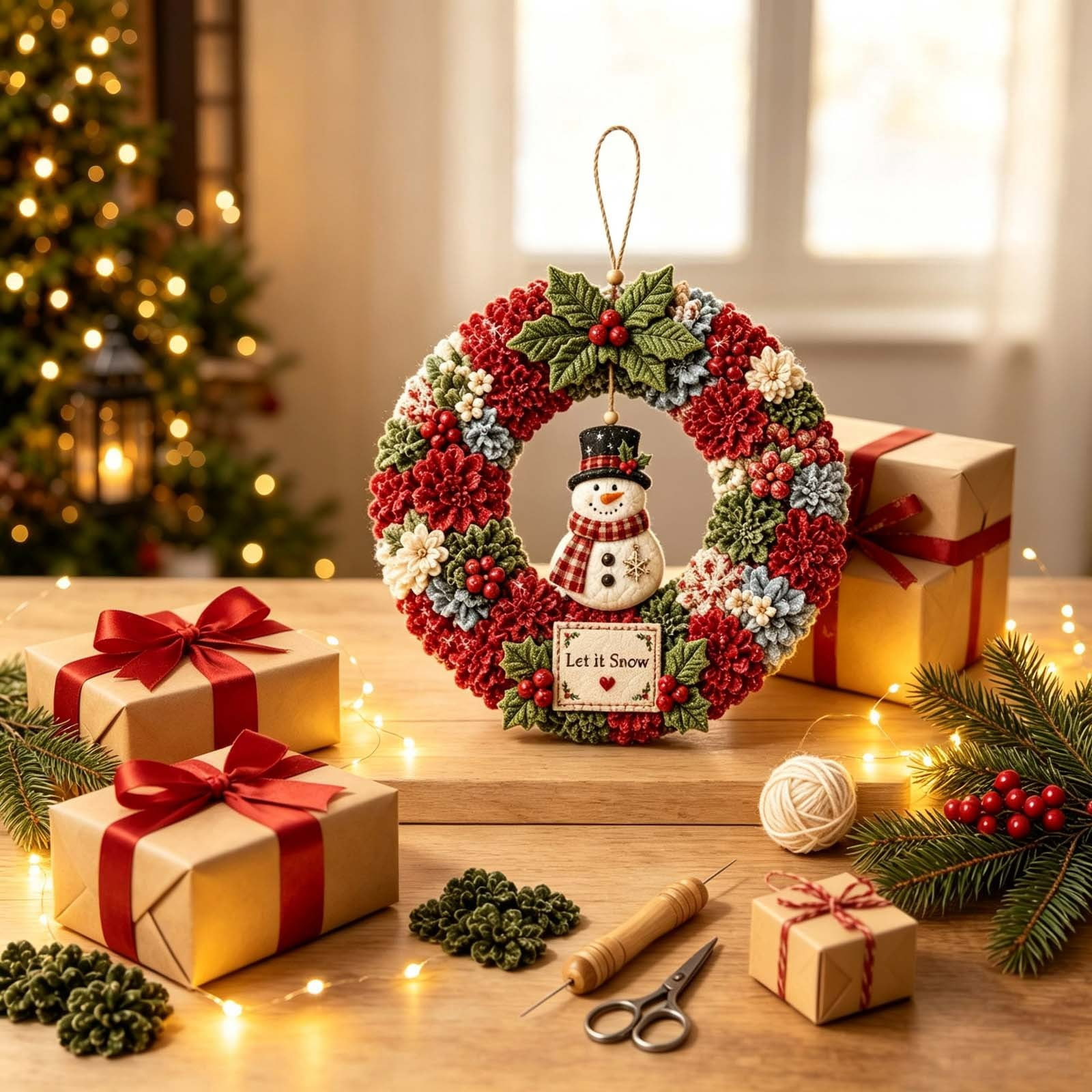 Christmas 3D Fabric Poke Wreath Art DIY Kit for Adults, Snowman