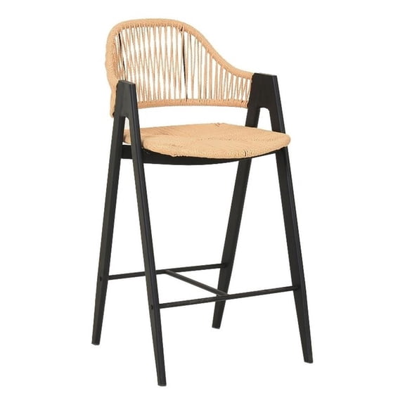 Benjara 26" Counter Stool Chair Set of 2- Woven Back- Iron Frame- Rattan- Beige