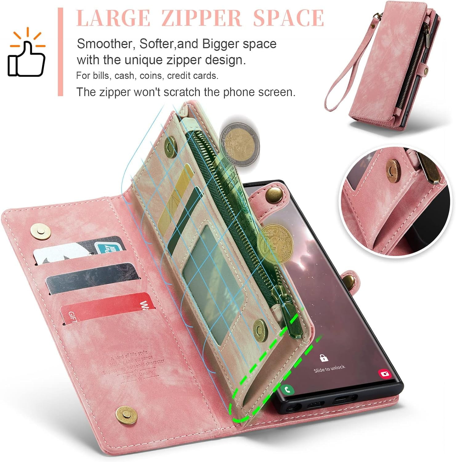 Phone Case for Samsung Galaxy S23 Ultra 5G Zipper Wallet Detachable Cover with Leather Flip Credit Cash Card Holder Mobile Cell Accessories S23Ultra 23S S 23 23Ultra 6.8 inch Women Men Pink