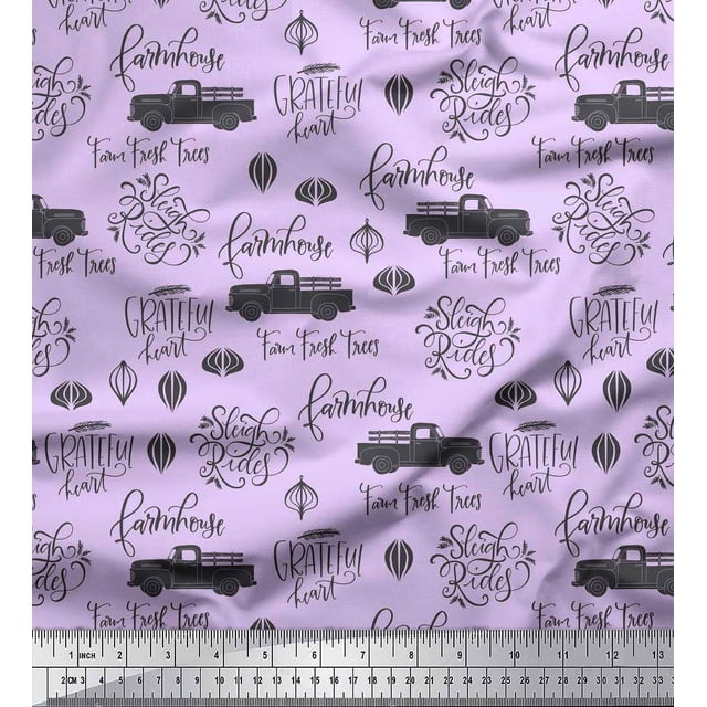 Soimoi Purple Poly Georgette Fabric Cartruck & Farmhouse Text Fabric Prints By Yard 52 Inch Wide