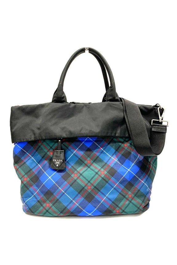 Pre-Owned Prada Handbag BR4521 Black Blue Nylon Leather Reversible Check Pattern... (Good)