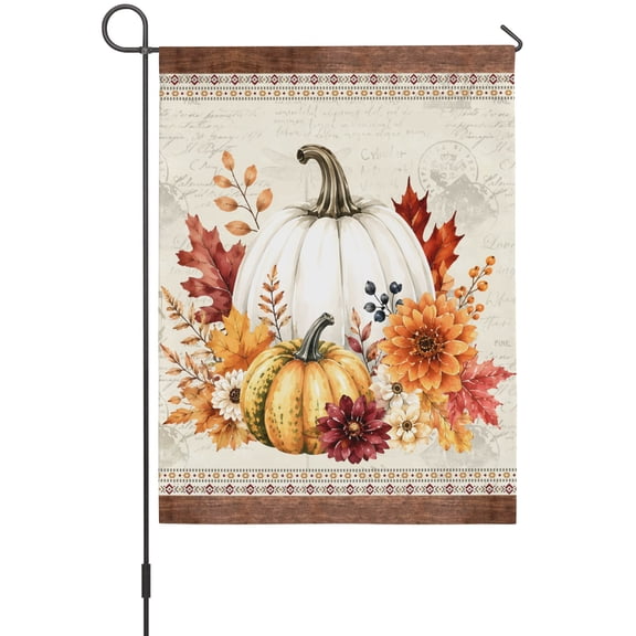 Fall Harvest Garden Flags For Outdoor, Orange and White Pumpkin Autumn Farm Maple Leaf Small Double Side Yard Flags Weather Proof Garden Decor for Lawn Outside Holiday 12 x 18 Inches