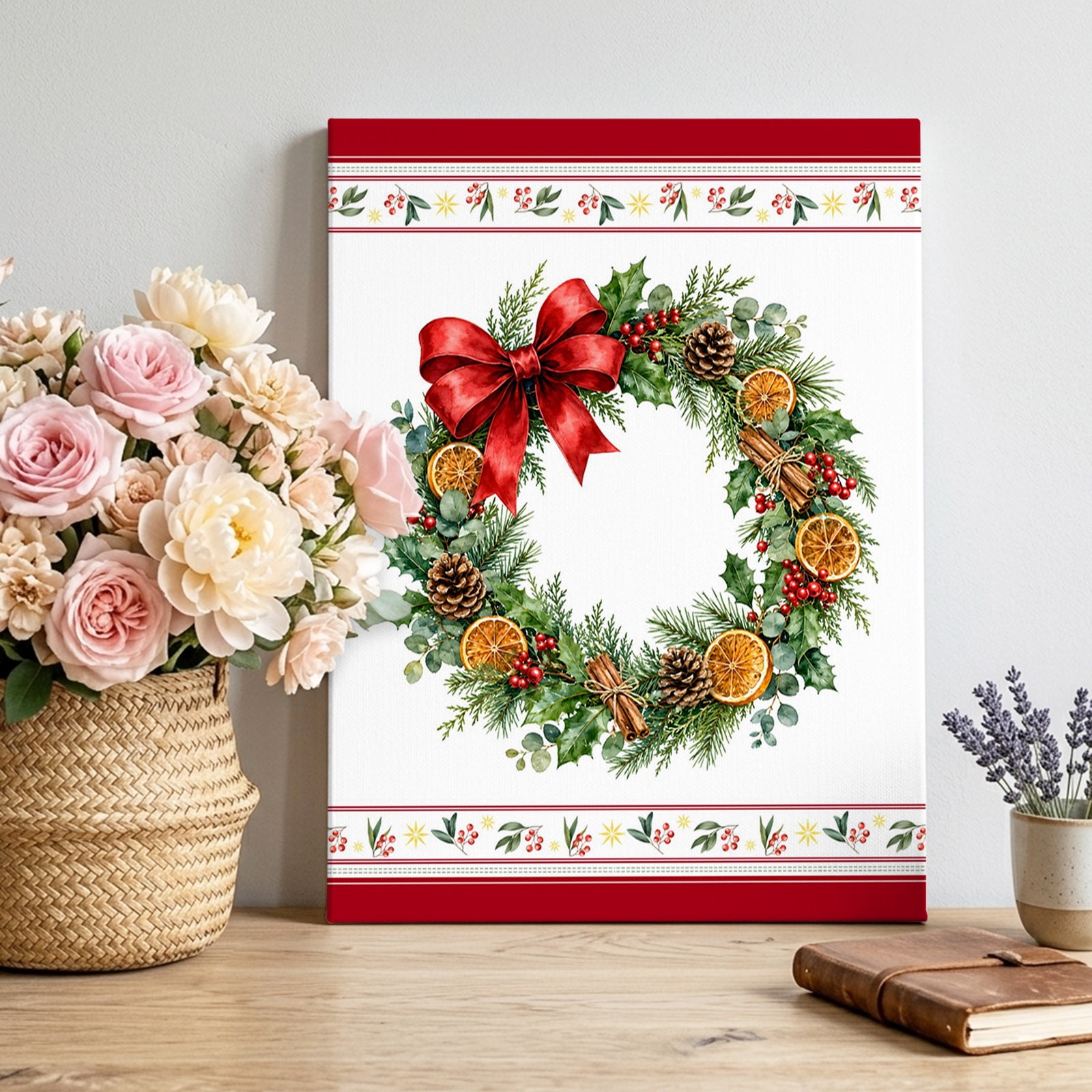 Christmas Winter Canvas Wall Art Rustic Pine Wreath Red Satin Bow Pinecones Berry Pictures Wall Decor Wooden Framed Artwork Art Prints for Living Room Hallway Bedroom Office 20 x30