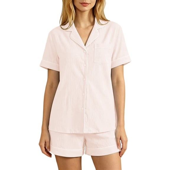 Yuncity Women Pajamas Cotton 2 Piece Summer Short Sleeve Button Up Top With Shorts Pjs Sleepwear Loungewear Nightwear,Size M-2Xl Pink