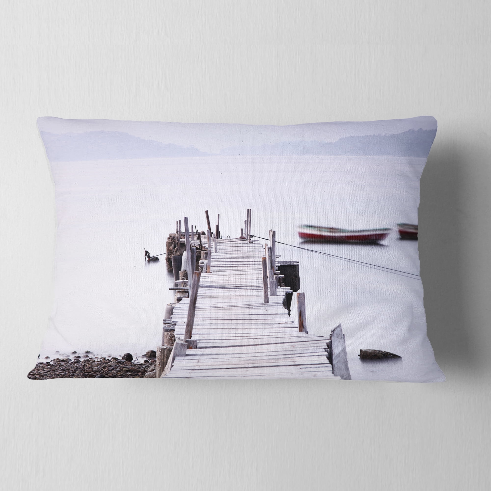 Designart Foggy Sea with Pier and Boats - Seascape Throw Pillow - 12x20
