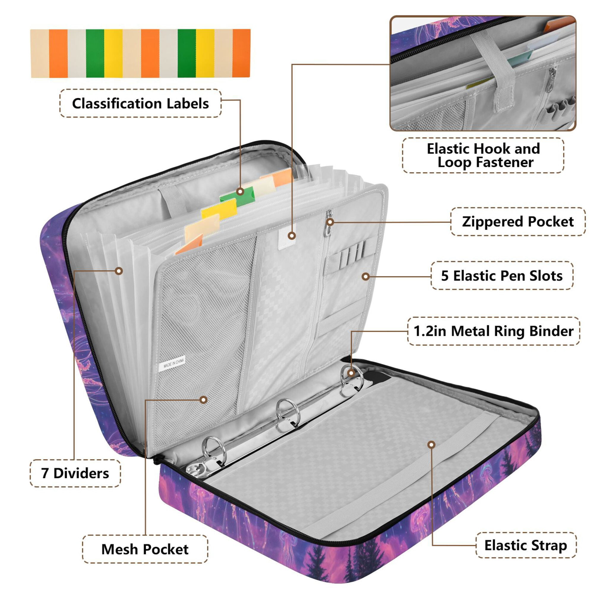 FORMRS Accordion File Folder A4 Size 7-Pocket Expanding Document Organizer Bag with 3 Ring Binder, Neon Jellyfish