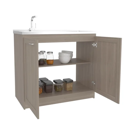 Rainlex Zurich 39" Utility Sink Cabinet with Stainless Steel Sink, Two-Door Base Cabinet and Shelves, Light Gray