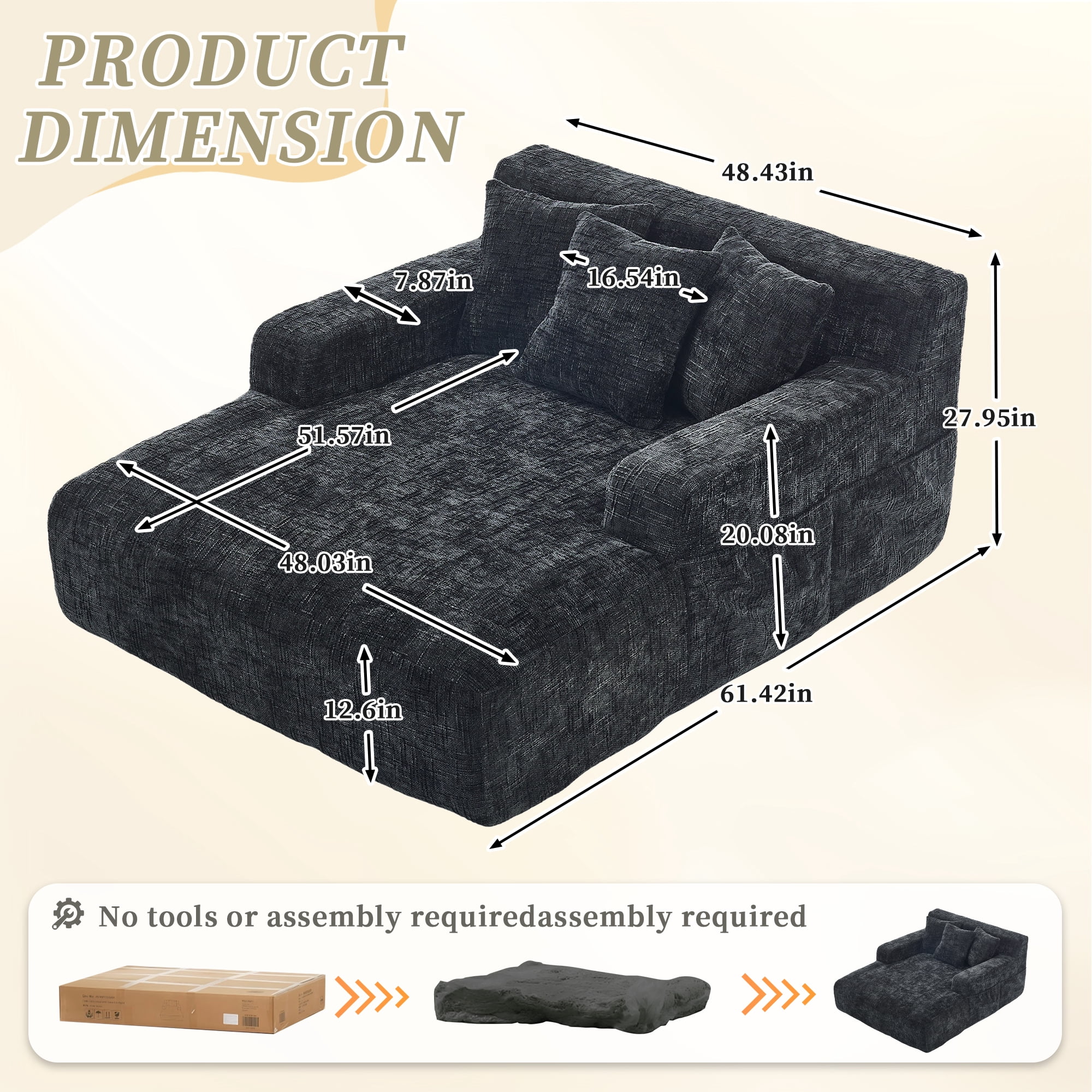 MOONMISS Oversized Chaise Lounge Chair Indoor Furniture, No Assembly Required, Plush Chenille Cloud Floor Sofa Bed for Living Room,Black