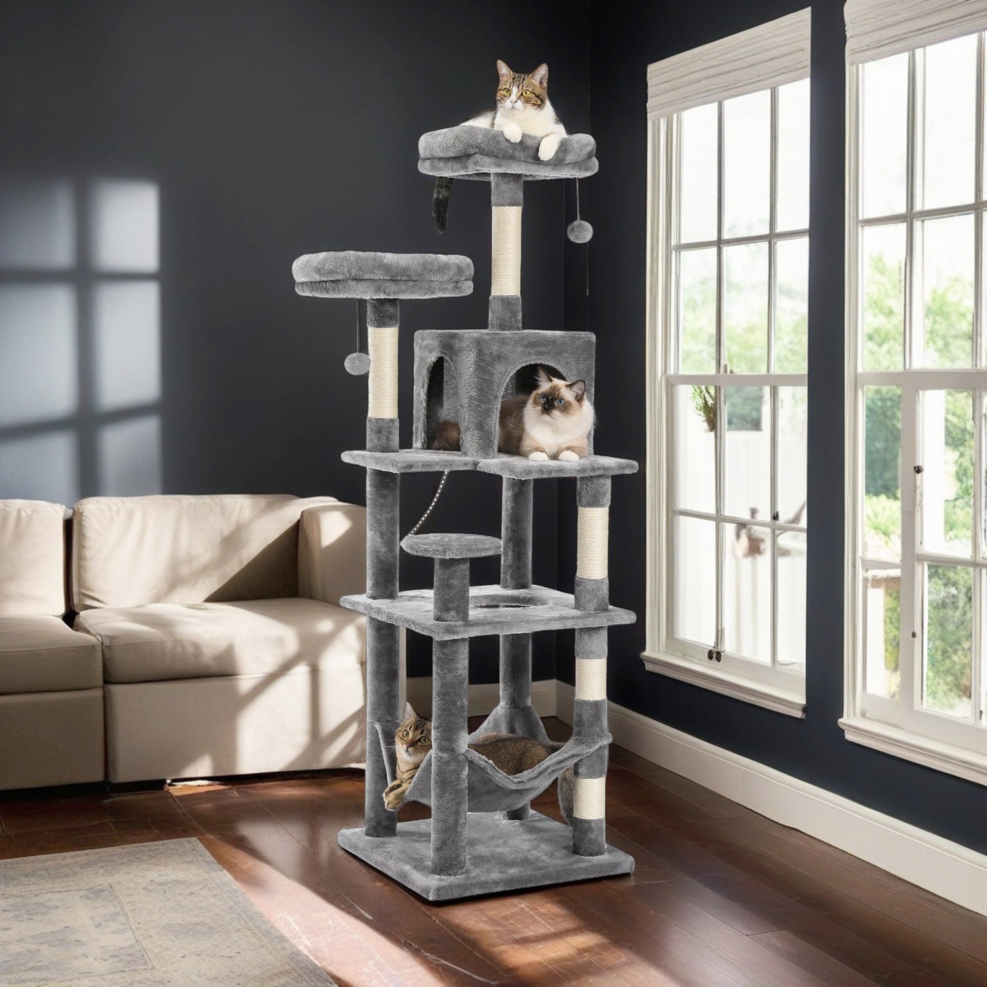 resenkos 60" Cat Tree Tower for Indoor Cats, Multi-Level Cat Tree House with Scratching Post, Cozy Cat Condo, Hammock and Padded Top Perch, Gray