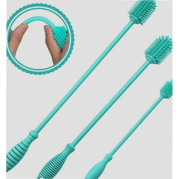 Silicone Bottle Brush Cleaner Set of 3?Long Handle Bottle Cleaning Brushes for Narrow Neck Containers, Water Bottles, Thermos, Hydro Flasks, Coffee Mugs,Baby Bottles (Blue)