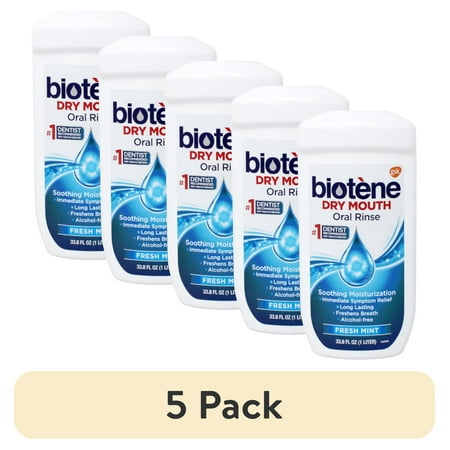 (5 pack) Biotene Fresh Mint Moisturizing Oral Rinse Mouthwash, Alcohol-Free, for Dry Mouth, 33.8 ounce