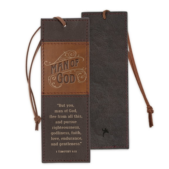 Christian Art Gifts Premium Inspirational Scripture Vegan Leather Bookmark for Men: Man of God Encouraging Bible Verse, Knotted Cord, Gold Text, Sturdy Slim Book Reading Accessory, Light & Dark Brown