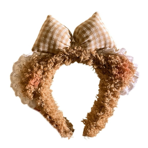 FENOHREFE Plush Bear Ear Headband for Women Girl with Bowknot Birthday Party Gathering Headpiece School Event Accessory Hairhoop