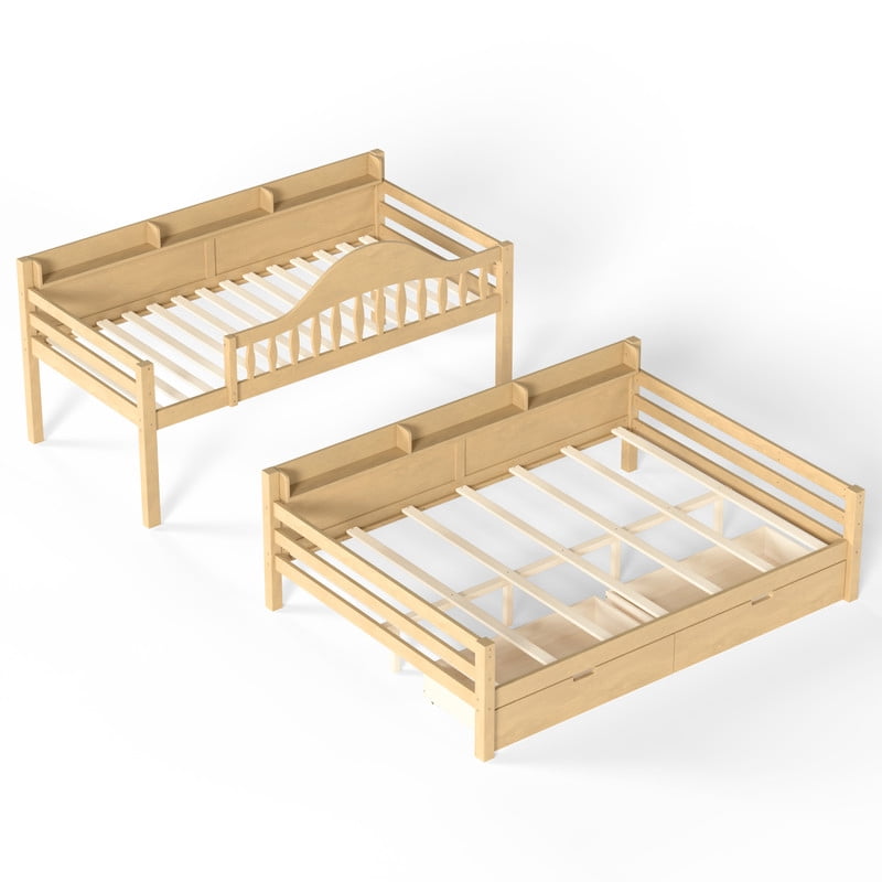 Twin Over Full Bunk Bed with 2 Storage Drawers, Solid Wood Kids Bunk Bed with Curved Guardrails, Side Storage Shelves and Ladder, No Box Spring Needed