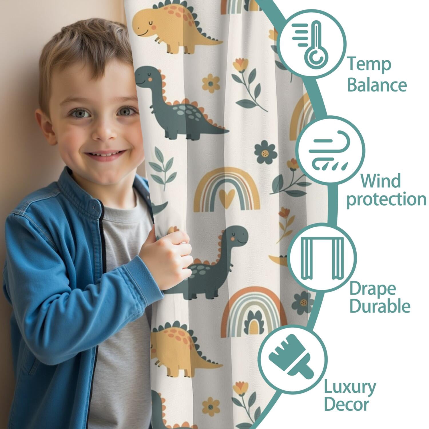 Blackout Kids Curtains,Beige Dinosaurs Rainbows Flowers Pattern Childrens Insulated Curtains Set Of 2,Bedroom Essentials,Toddler Room Decor 42"x63"