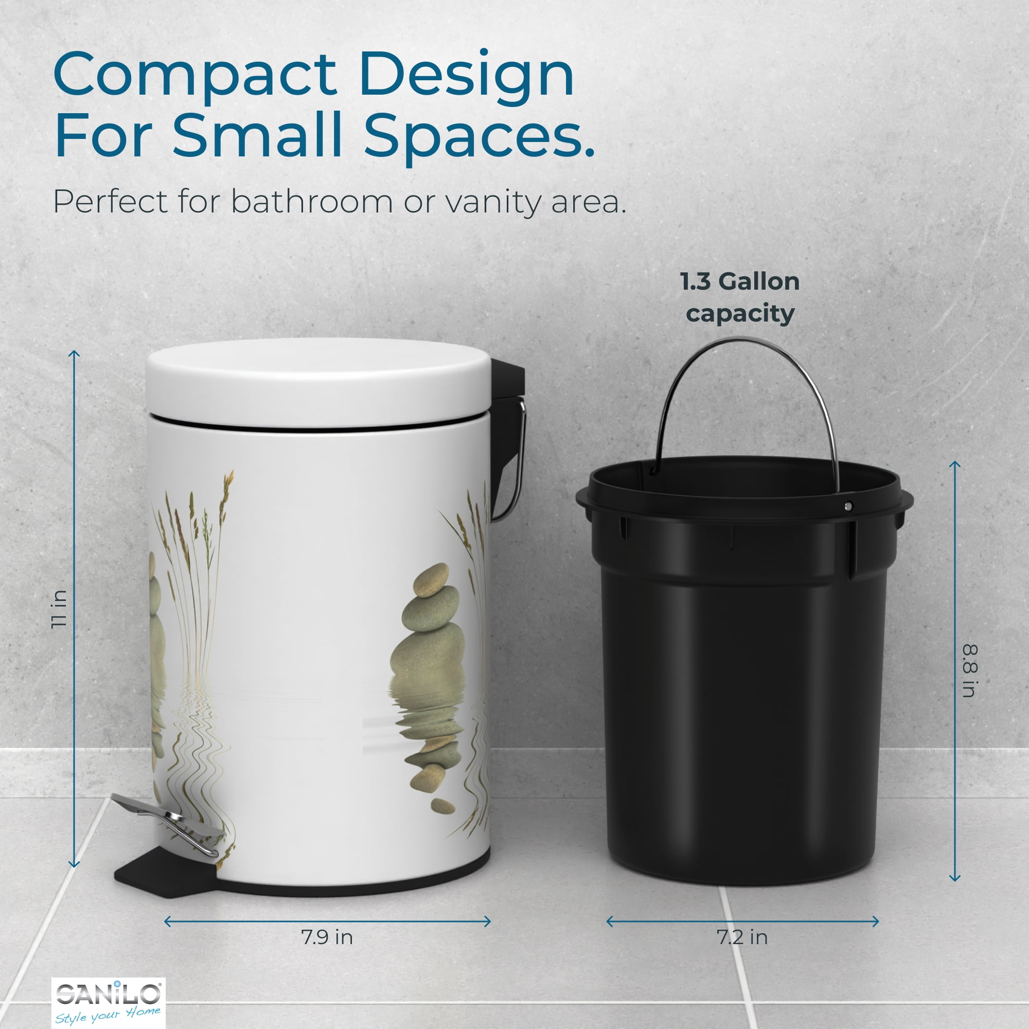 Sanilo Trash Can 1.3 Gallon with Soft Close, Many New Cosmetic and Kitchen Waste Bins Available, Bathroom Bin with Inner Bucket (Balance)