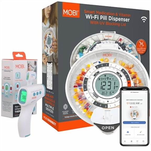 MOBI Smart Wi-Fi Pill 28 Day Pill Dispenser & Non-Contact Forehead Thermometer Bundle