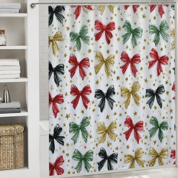 RKSupls Christmas Shower Curtain, Red Green Bow Shower Curtain with Hooks for Christmas Home Bathroom Decor Washable Curtains, 72x72 in
