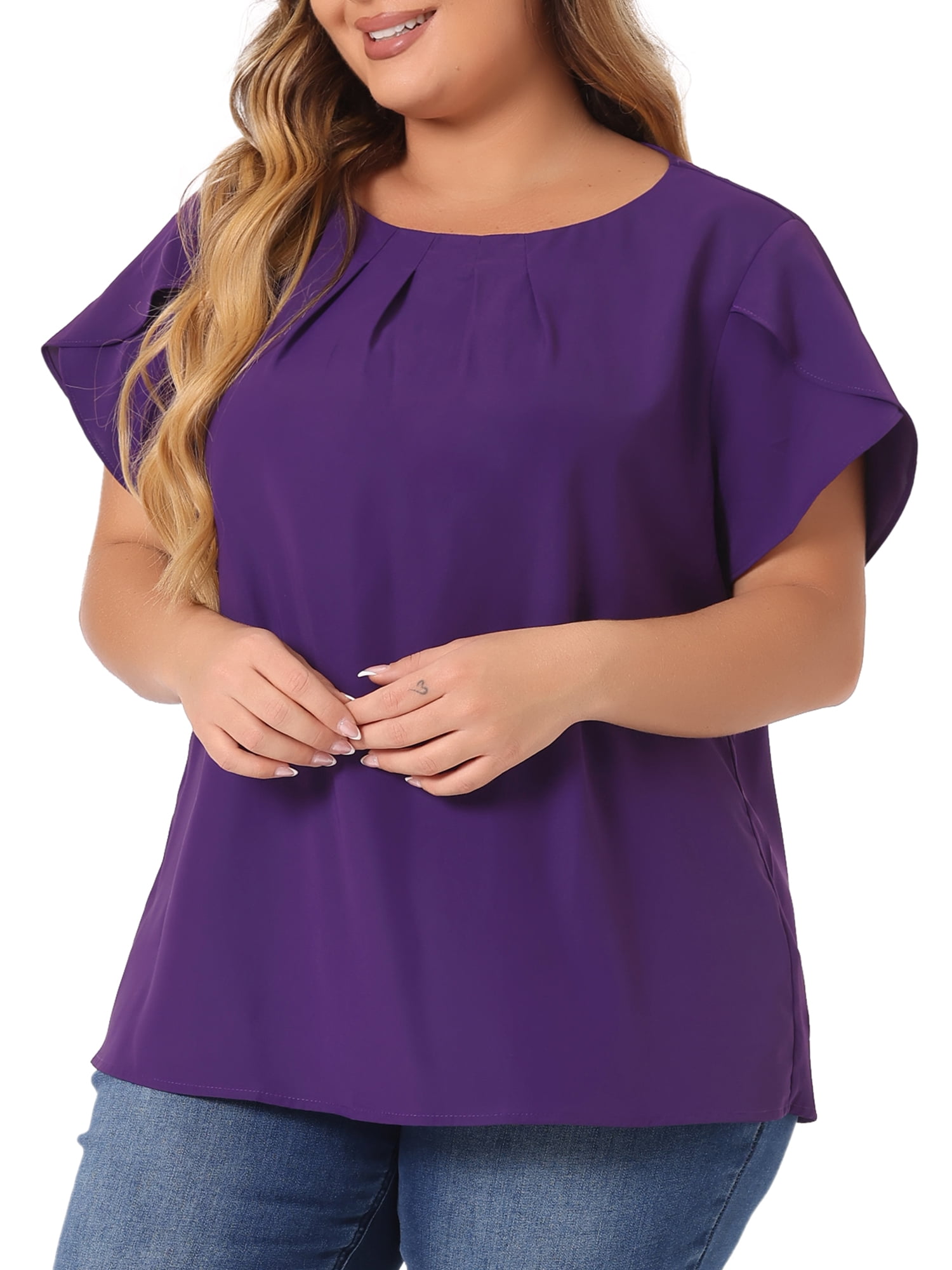 DARING DIVA Women's Plus Size Round Neck Pleated Tulip Sleeve Shirt Blouse 3X Purple