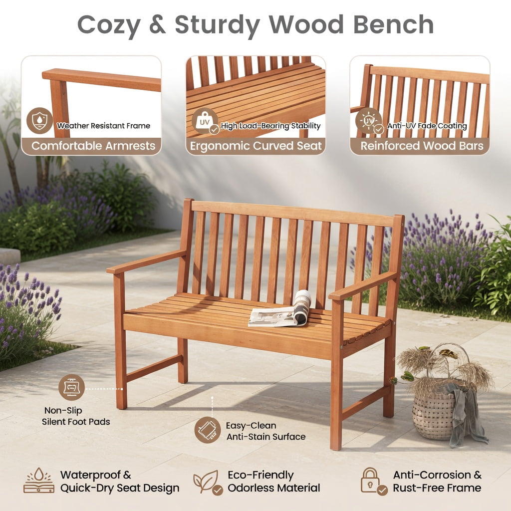 Hommoo 2-Person Outdoor Eucalyptus Wood Patio Bench with Ergonomic Backrest & Armrests, for Garden, Backyard, Poolside Seating, Natural