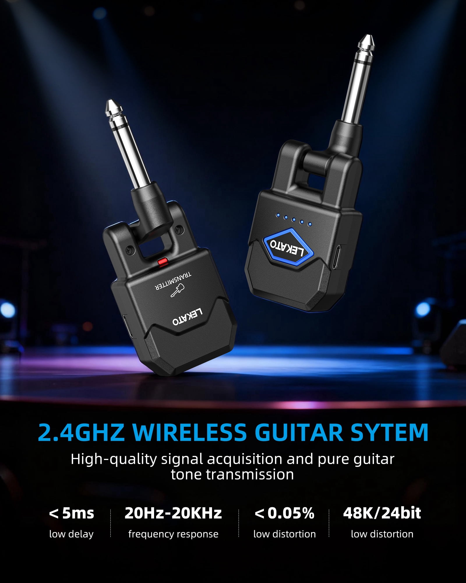 LEKATO WS-200 2.4GHz Wireless Guitar Transmitter & Receiver Set with Charging Case,15 Hours Battery Life, 4 Channels, Rechargeable 1/4" Plug for Guitar, Bass and Electric Instruments