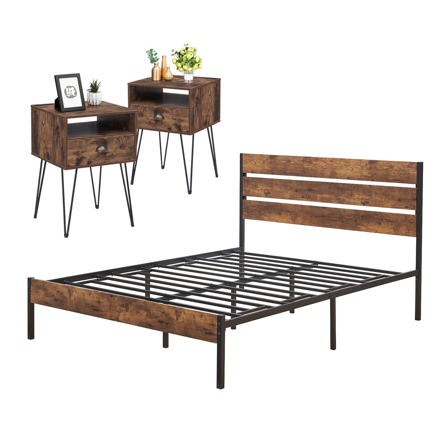 3Pieces Bedroom Set with Rustic Brown Platform Bed Frame and