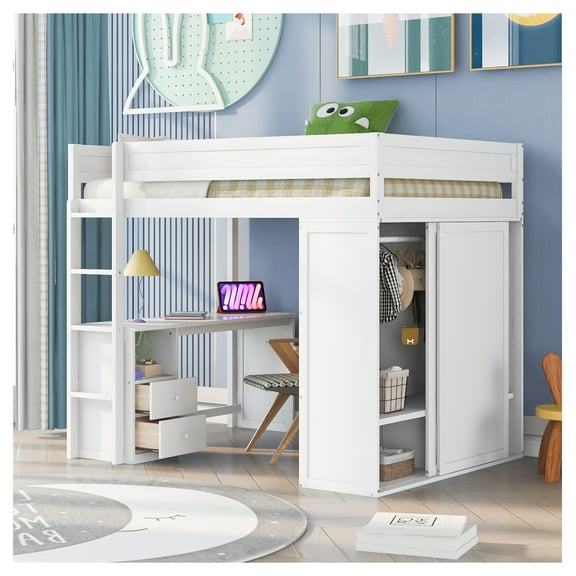 Wood Twin Size Loft Bed with Wardrobes & 2-Drawer Desk Cabinet, Gray